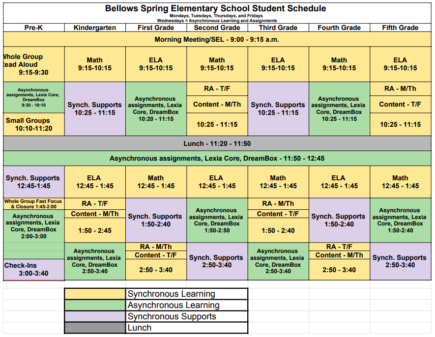 BSES Virtual Learning Schedules Bellows Spring Elementary School